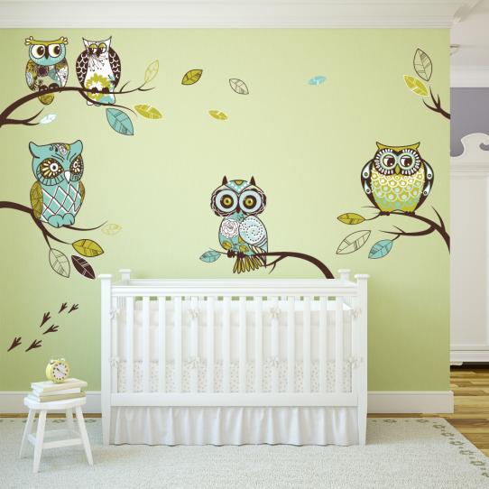 Autocollant Stickers enfant kit 4 branches hiboux