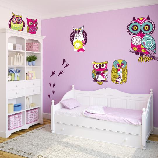 Autocollant Stickers mural enfant kit 6 hiboux