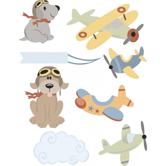 Autocollant Stickers enfant kit 4 avions 2 chiens