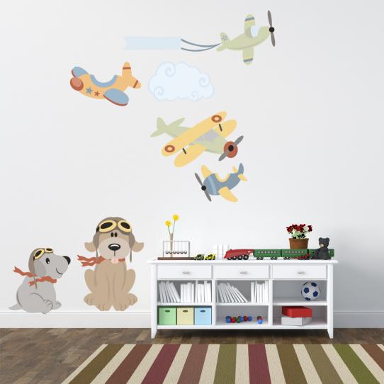 Autocollant Stickers muraux enfant kit 4 avions 2 chiens