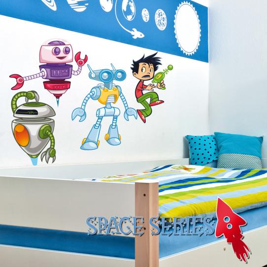 Autocollant Stickers mural enfant kit 3 robots 1 jeune garçon