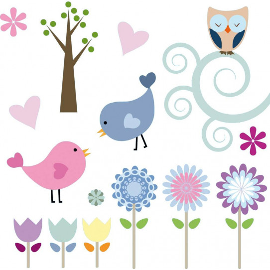 Autocollant Stickers enfant fleurs oiseaux