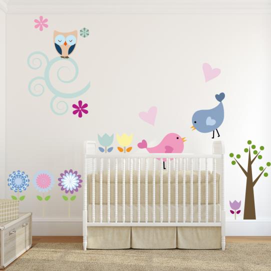 Autocollant Stickers mural enfant fleurs oiseaux