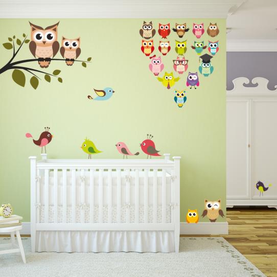 Autocollant Stickers enfant kit 19 hiboux 6 oiseaux