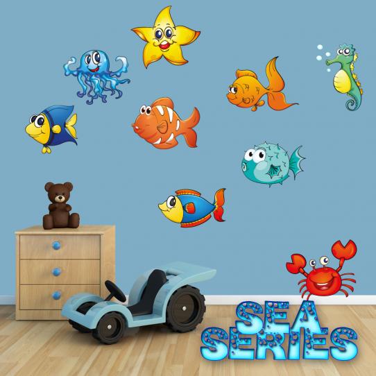 Autocollant Stickers mural enfant kit 9 animaux de mers