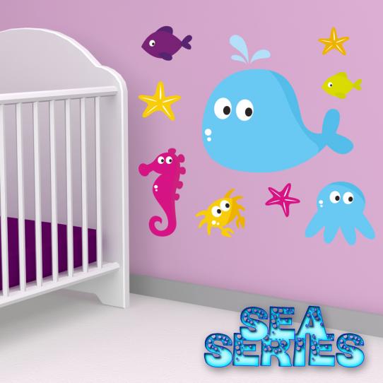 Autocollant Stickers mural enfant kit 9 poissons et etoiles de mers