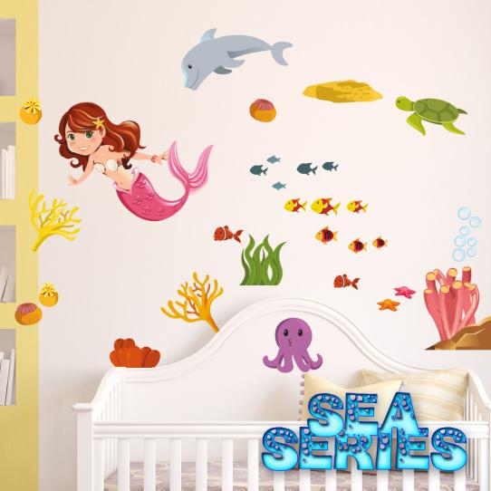 Autocollant Stickers mural enfant kit animaux de mers et sirene