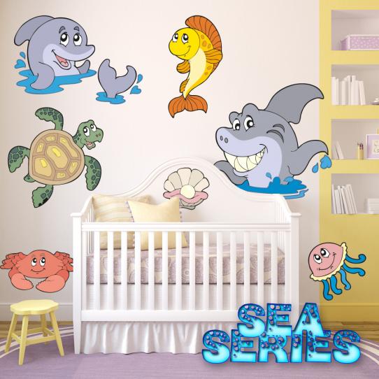 Autocollant Stickers mural enfant kit 7 animaux de mers
