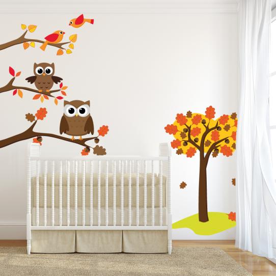 Autocollant Stickers mural enfant oiseaux et hiboux