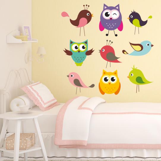 Autocollant Stickers enfant kit 6 oiseaux 3 hiboux