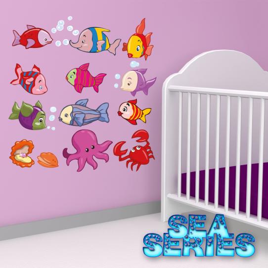 Autocollant Stickers mural enfant kit 12 poissons