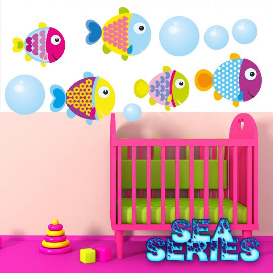 Autocollant Stickers mural enfant kit 5 poissons et 5 bulles 