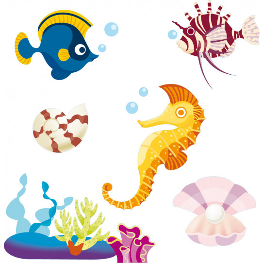 Autocollant Stickers enfant kit 5 poissons et coquillages