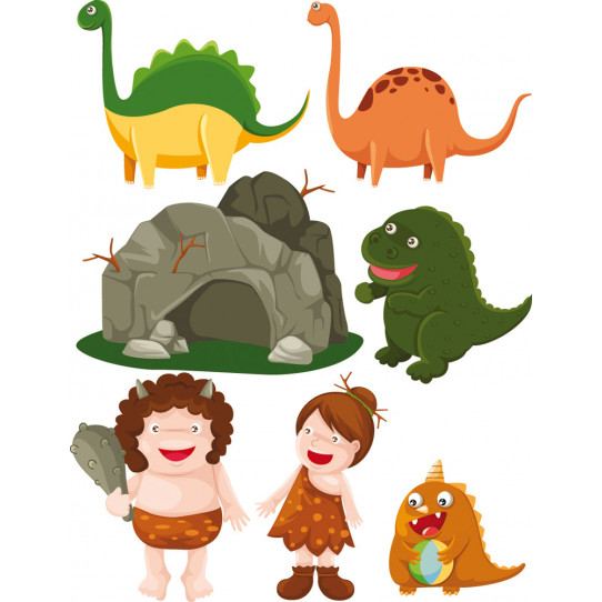 Autocollant Stickers enfant kit 4 dinosaures et couple homme des cavernes