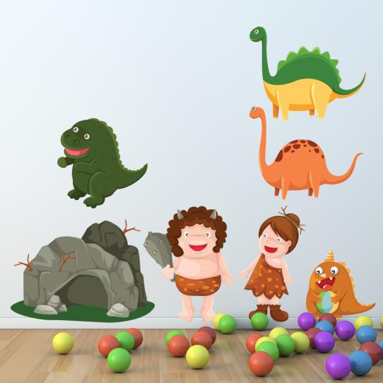 Autocollant Stickers enfant kit 4 dinosaures et couple homme des cavernes