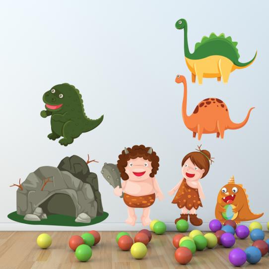 Autocollant Stickers mural enfant kit 4 dinosaures et couple homme des cavernes