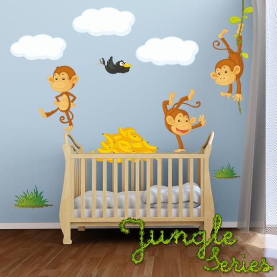 Autocollant Stickers mural enfant kit 3 singes