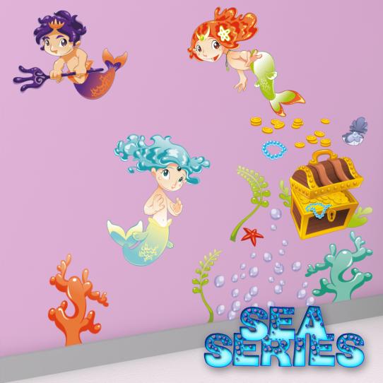 Autocollant Stickers enfant kit 3 sirene et tresor
