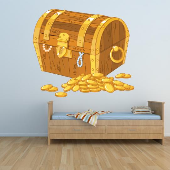 Autocollant Stickers enfant coffre et pieces d'or