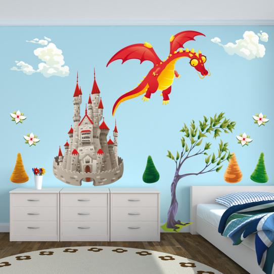 Autocollant Stickers muraux enfant dragon et chateau