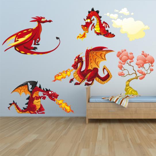 Autocollant Stickers mural enfant kit 4 dragons