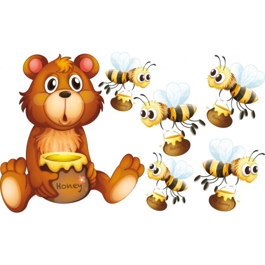 Autocollant Stickers enfant kit 5 abeilles et ourson