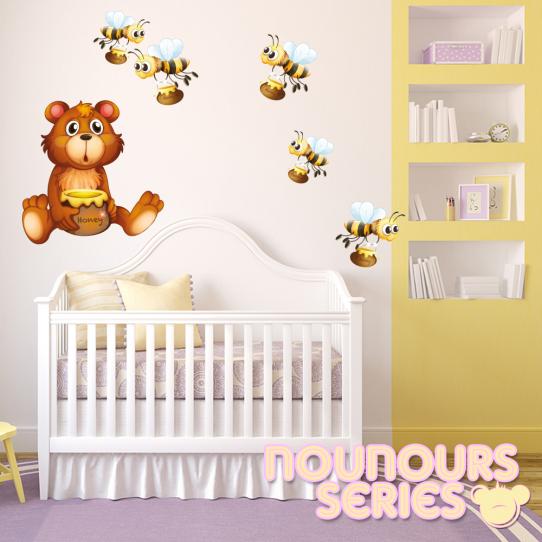 Autocollant Stickers mural enfant kit 5 abeilles et ourson