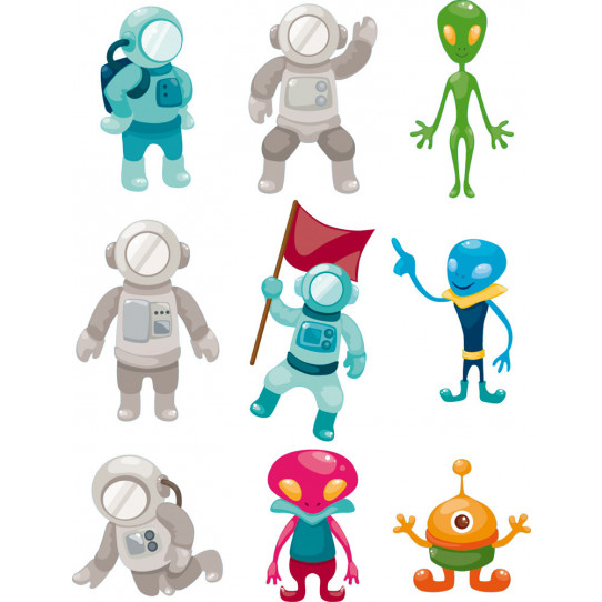 Autocollant Stickers enfant kit 9 martiens et cosmonautes