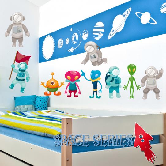 Autocollant Stickers muraux enfant kit 9 martiens et cosmonautes