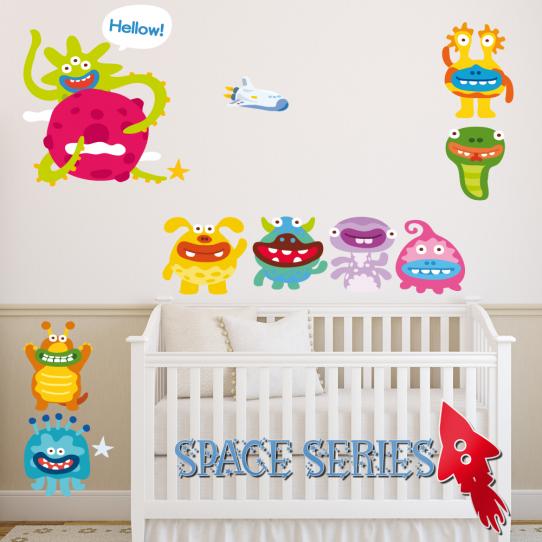 Autocollant Stickers mural enfant kit 9 monstres et 1 fusée