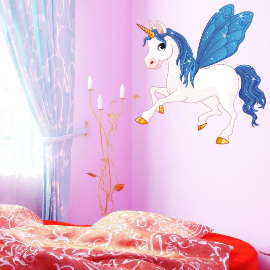Autocollant Stickers enfant licorne ailes bleue