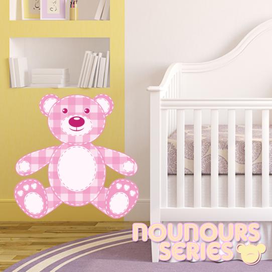 Autocollant Stickers enfant ourson carreau rose