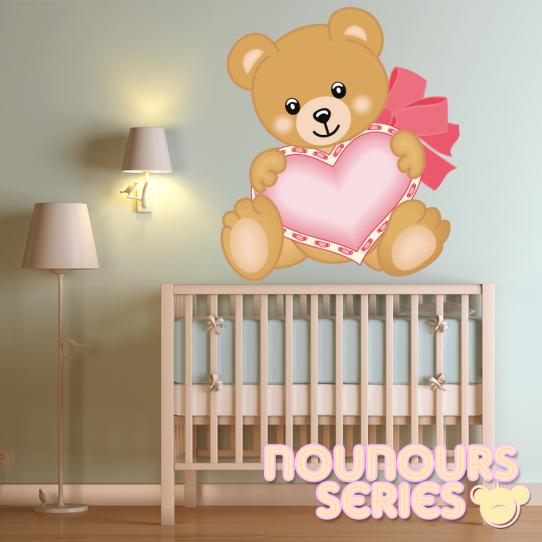 Autocollant Stickers enfant ourson coussin coeur