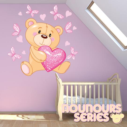 Autocollant Stickers enfant mural ourson coeur paillette