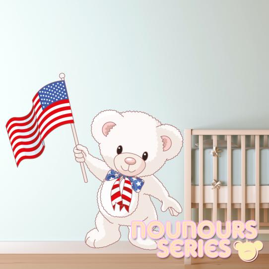 Autocollant Stickers mural enfant ourson drapeau USA