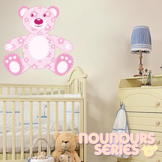 Autocollant Stickers mural enfant ourson fleur rose