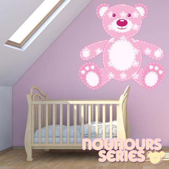 Autocollant Stickers enfant  ourson fleur rose