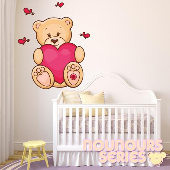 Autocollant Stickers enfant ourson grand coeur