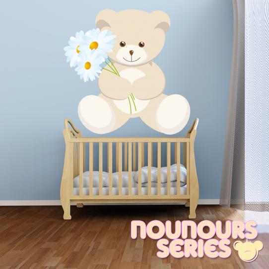 Autocollant Stickers mural enfant ourson marguerite