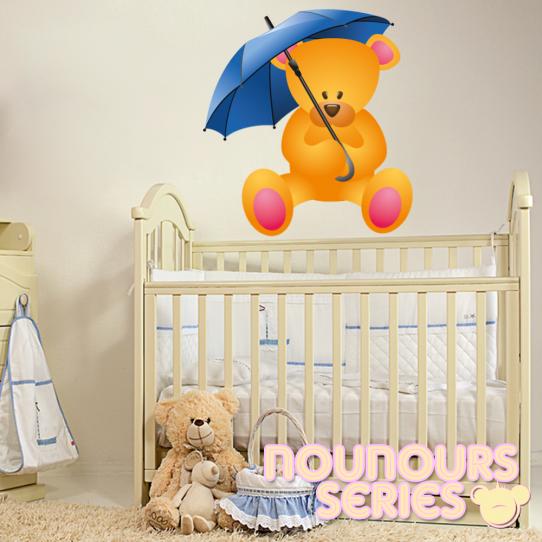 Autocollant Stickers mural enfant ourson parapluie