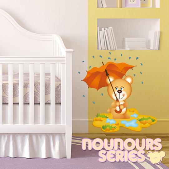 Autocollant Stickers mural enfant ourson parapluie