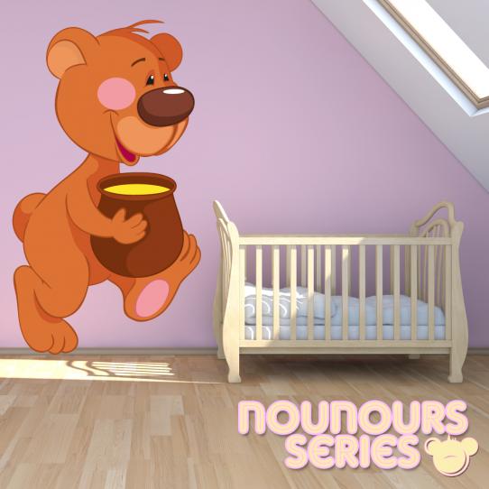 Autocollant Stickers enfant ourson avec pot de miel