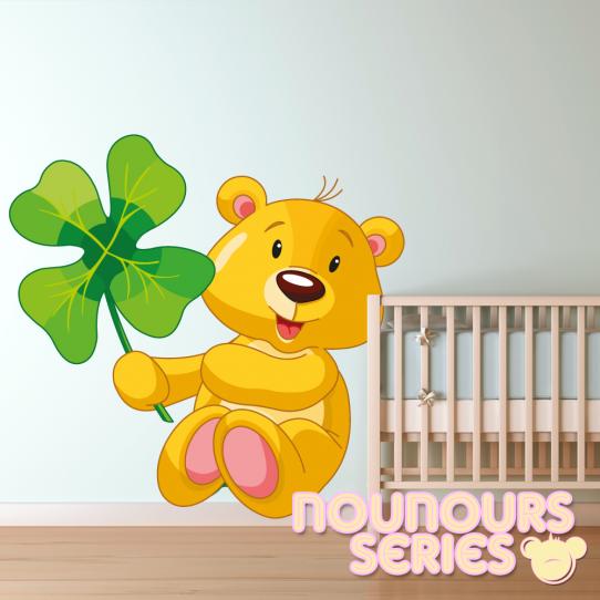 Autocollant Stickers enfant ourson trefle a 4 feuilles 