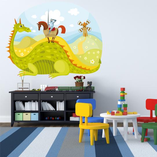 Autocollant Stickers mural enfant paysage chevalier et dragon