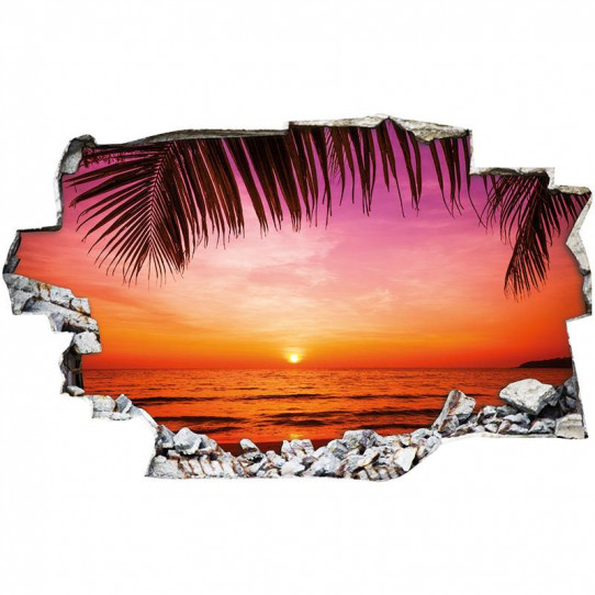 Stickers Trompe l'oeil 3D - Couché de soleil palmiers 2