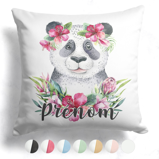 Coussin bicolore personnalisé - Panda fleurs