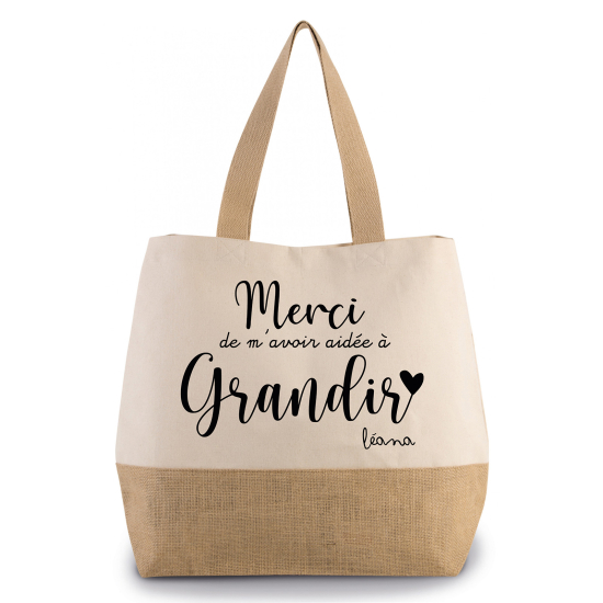 Grand Sac Coton et Jute - Merci de m'avoir aidée à grandir Prénom
