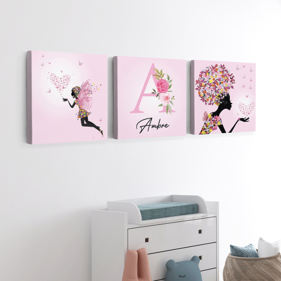 Lot de 3 Tableaux sur toile Triptyque Enfants - Fées coeurs papillons