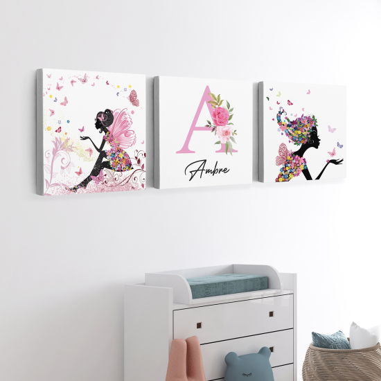 Lot de 3 Tableaux sur toile Triptyque Enfants - Fées papillons
