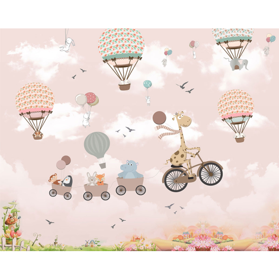 Papier peint panoramique Enfants - Animaux Montgolfières
